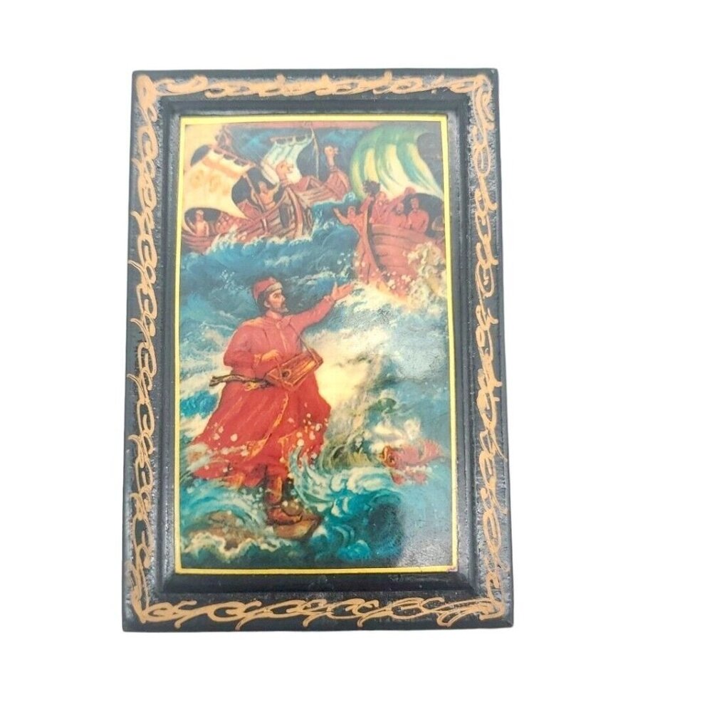 Boyarinoff Russian Trinket Tea Box Posiden Scene Lacquered Wood EUC 3.5" X 2.5"‎